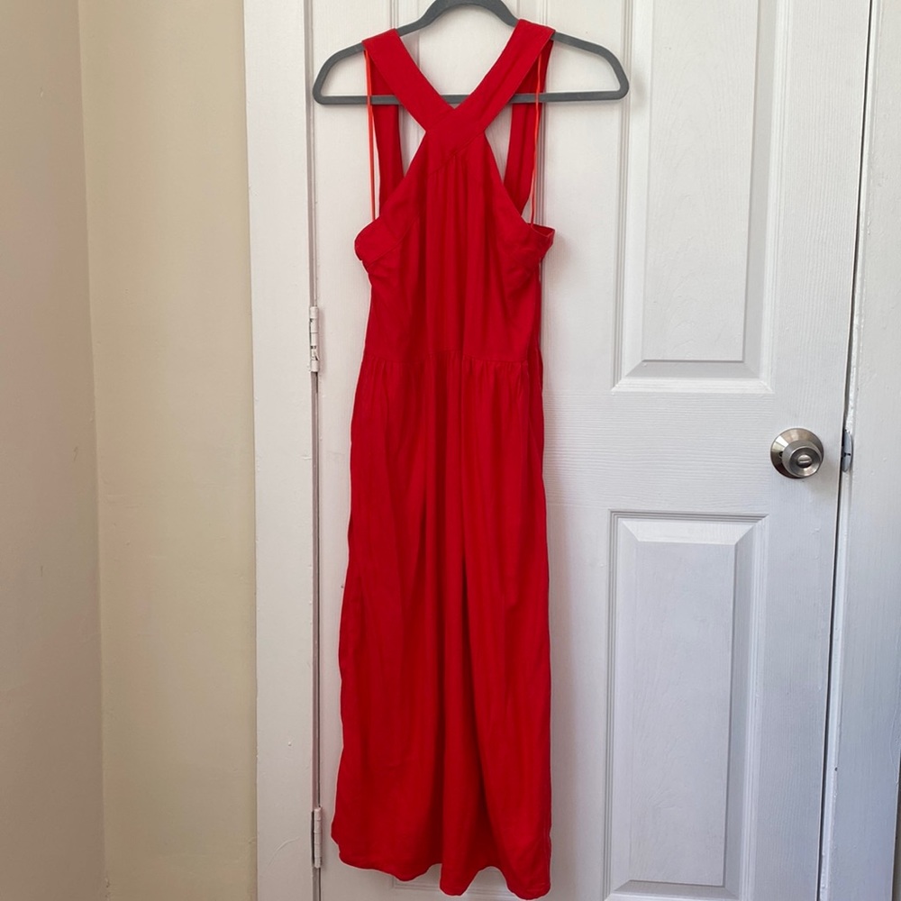 Bright Red Linen Midi Summer Dress w/ pockets